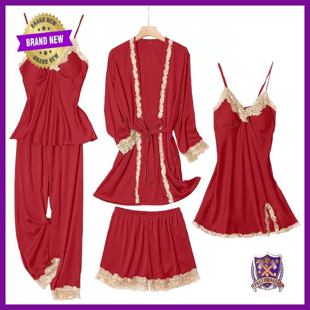 Women's Silk Pajama Set 5-Piece Sleepwear Loungewear Soft Satin